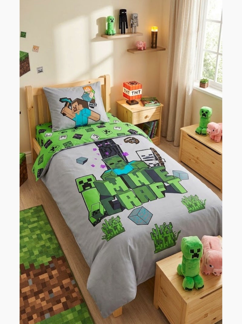 Parure de Lit Enfant Minecraft Explorer, 100% Coton Oeko-Tex, Lit 1 place Gris Gris - Kiabi
