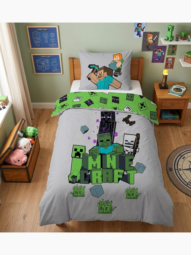 Parure de Lit Enfant Minecraft Explorer, 100% Coton Oeko-Tex, Lit 1 place Gris Gris - Kiabi