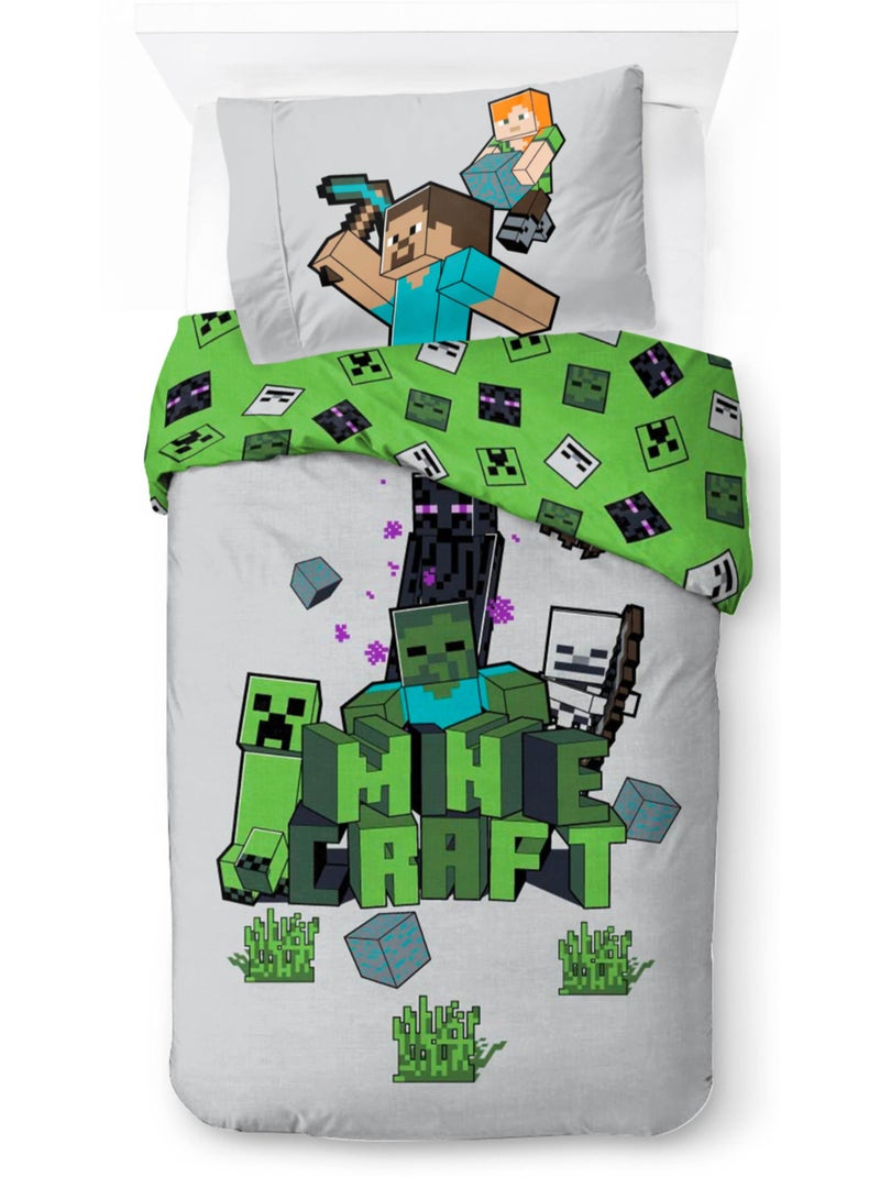 Parure de Lit Enfant Minecraft Explorer, 100% Coton Oeko-Tex, Lit 1 place Gris Gris - Kiabi