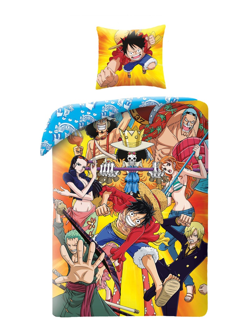 Parure de Lit Enfant One Piece, Microfibre Oeko-Tex, Imprimée Réversible, Lit 1 place, LUFFY ET CREW Bleu - Kiabi