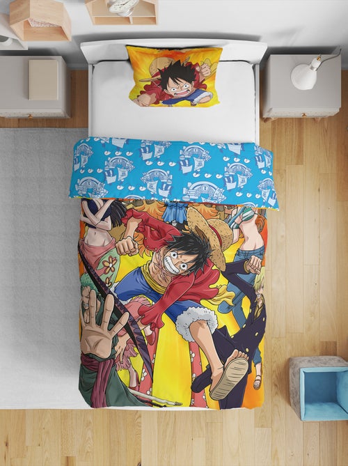 Parure de Lit Enfant One Piece, Microfibre Oeko-Tex, Imprimée Réversible, Lit 1 place, LUFFY ET CREW - Kiabi