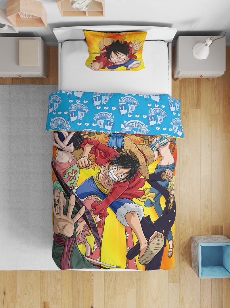 Parure de Lit Enfant One Piece, Microfibre Oeko-Tex, Imprimée Réversible, Lit 1 place, LUFFY ET CREW Bleu - Kiabi