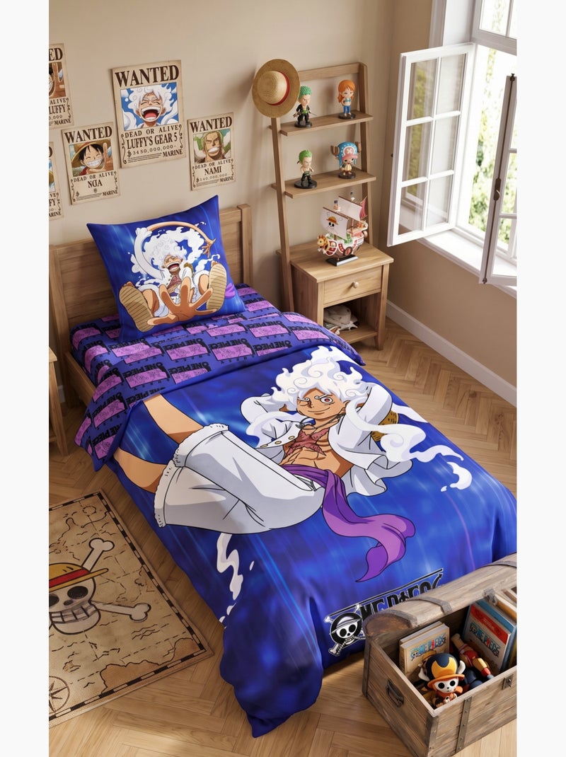 Parure de Lit Enfant One Piece, Microfibre Oeko-Tex, Imprimée Réversible, Lit 1 place, LUFFY GEAR Bleu - Kiabi