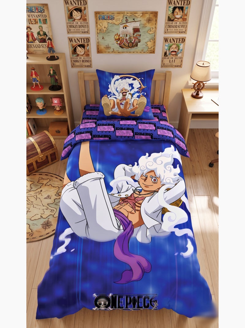 Parure de Lit Enfant One Piece, Microfibre Oeko-Tex, Imprimée Réversible, Lit 1 place, LUFFY GEAR Bleu - Kiabi