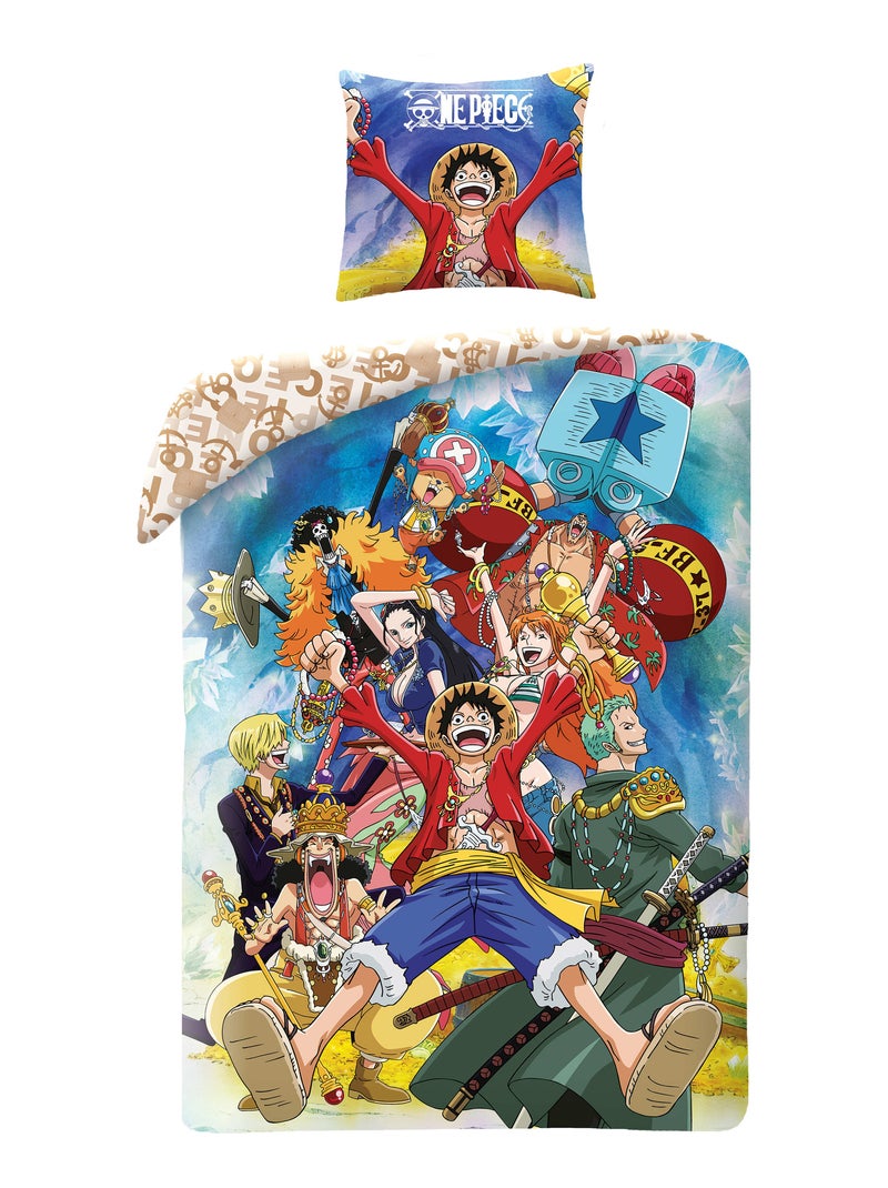 Parure de Lit Enfant One Piece, Microfibre Oeko-Tex, Imprimée Réversible, Lit 1 place, TRESOR Bleu - Kiabi