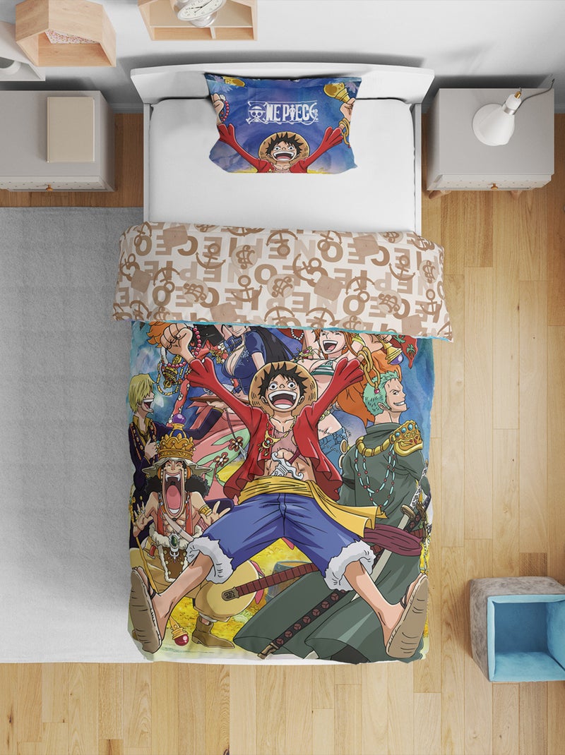 Parure de Lit Enfant One Piece, Microfibre Oeko-Tex, Imprimée Réversible, Lit 1 place, TRESOR Bleu - Kiabi