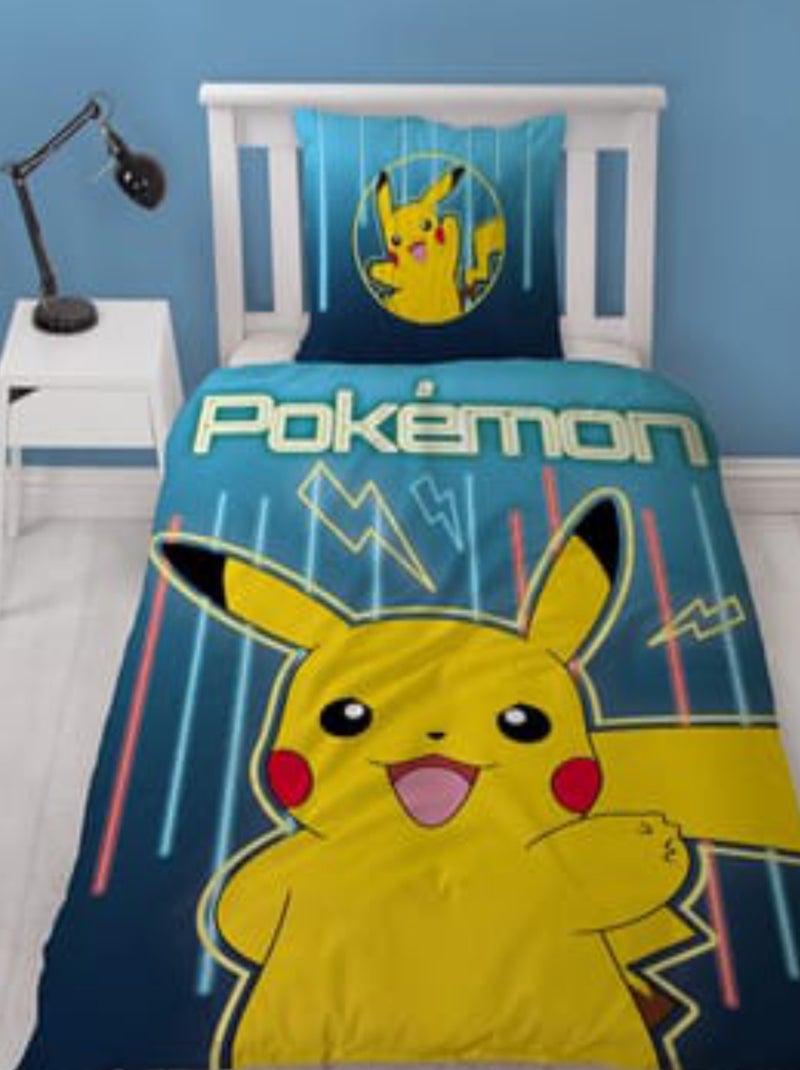 Parure de Lit Enfant Pokémon, Imprimée Réversible Lit 1 Place, PIKACHU LASER Bleu - Kiabi