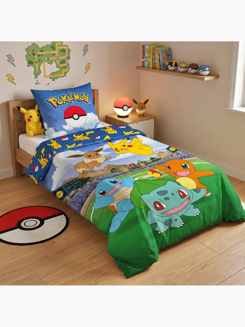 Parure de Lit Enfant Pokémon, Microfibre Oeko-Tex, Imprimée Réversible, Lit 1 place, PIKACHU BATTLE Bleu - Kiabi