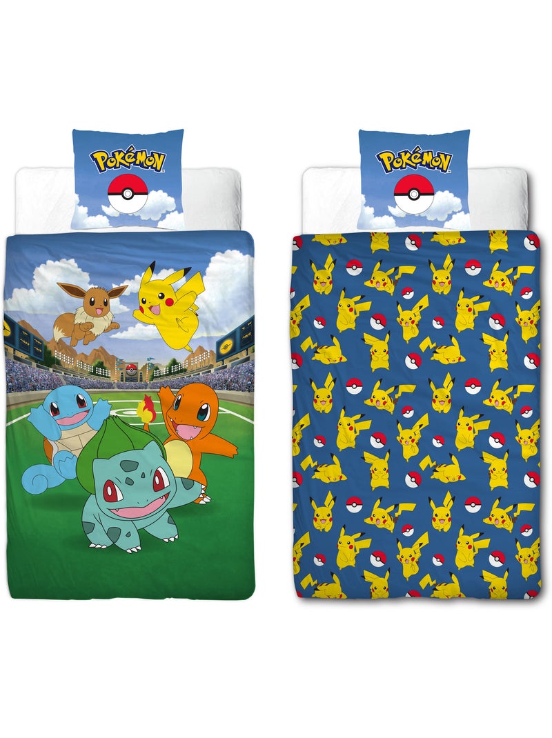 Parure de Lit Enfant Pokémon, Microfibre Oeko-Tex, Imprimée Réversible, Lit 1 place, PIKACHU BATTLE Bleu - Kiabi