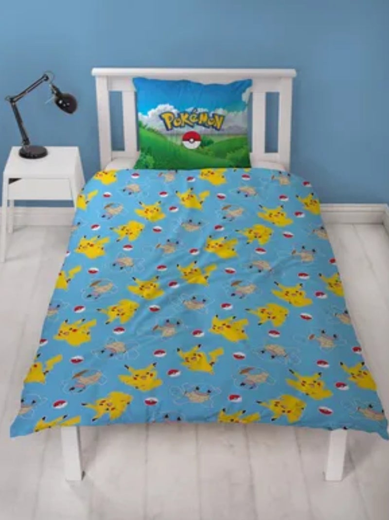 Parure de Lit Enfant Pokémon, Microfibre Oeko-Tex, Imprimée Réversible, Lit 1 place, PIKACHU Bleu - Kiabi