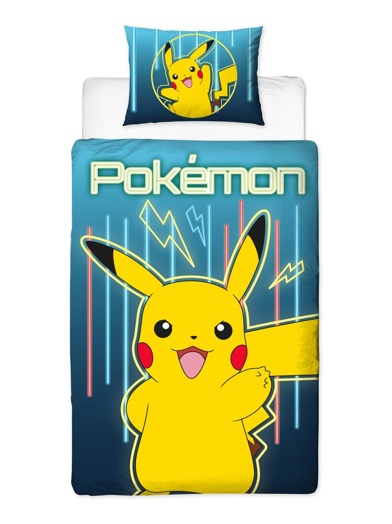 Parure de Lit Enfant Pokémon, Microfibre Oeko-Tex, Imprimée Réversible, Lit 1 place, PIKACHU LASER Bleu - Kiabi