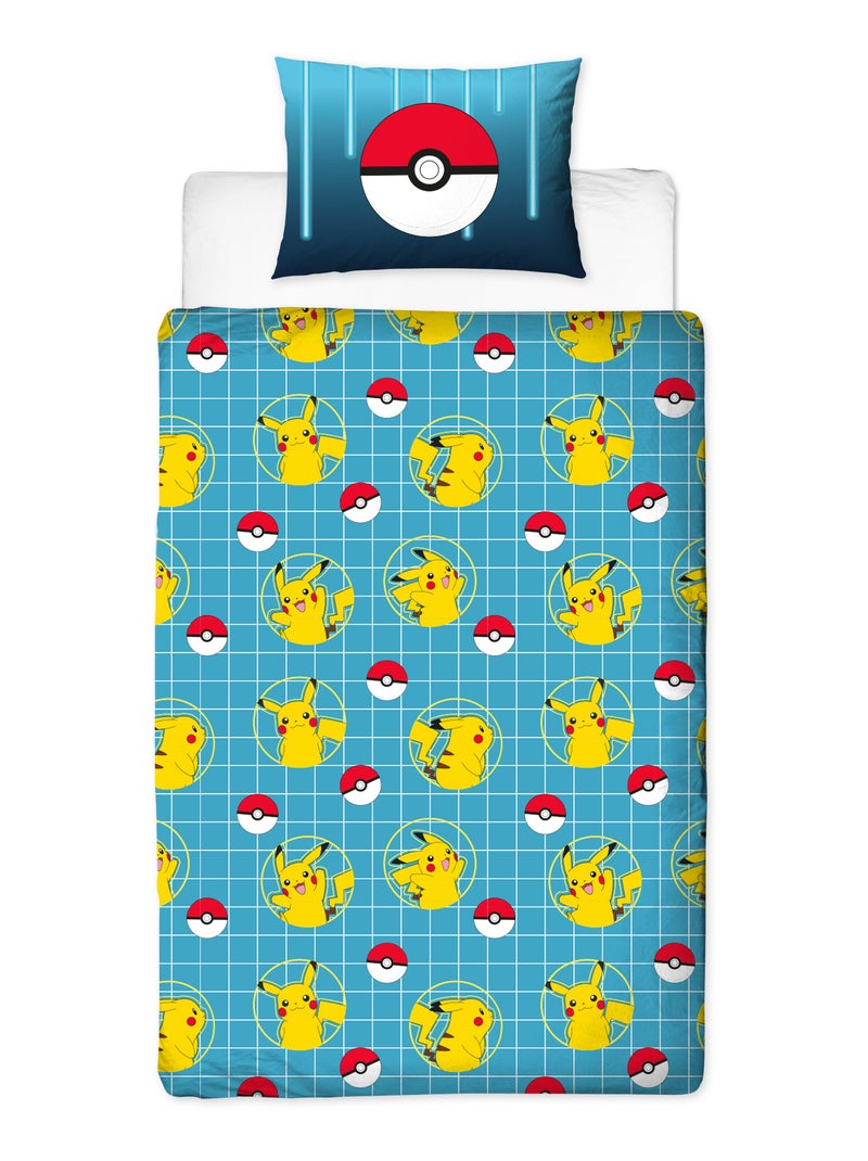 Parure de Lit Enfant Pokémon, Microfibre Oeko-Tex, Imprimée Réversible, Lit 1 place, PIKACHU LASER Bleu - Kiabi