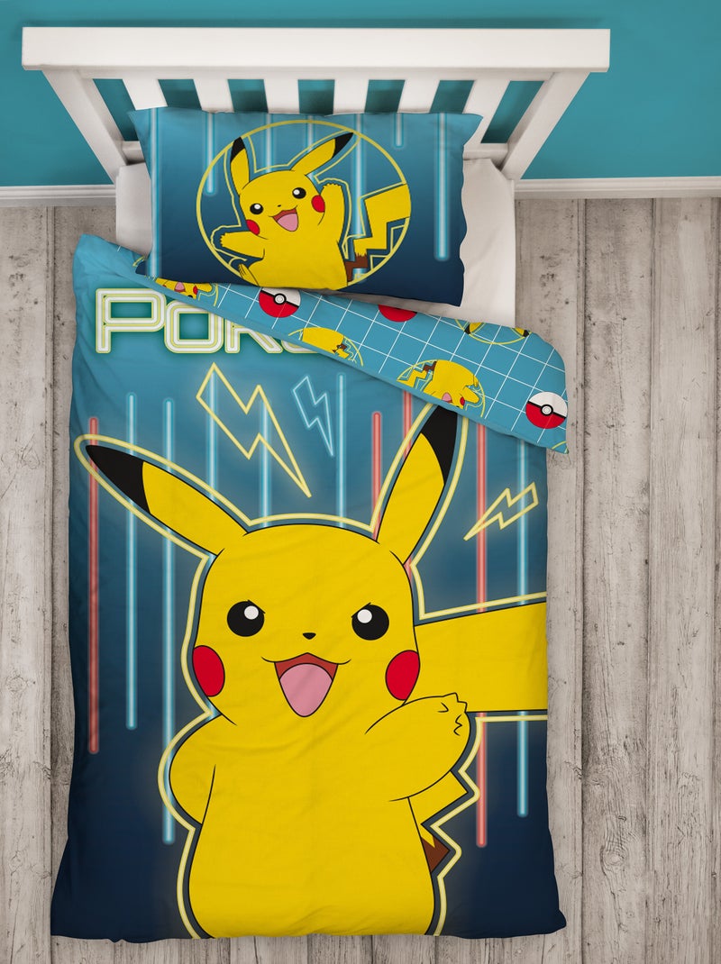 Parure de Lit Enfant Pokémon, Microfibre Oeko-Tex, Imprimée Réversible, Lit 1 place, PIKACHU LASER Bleu - Kiabi
