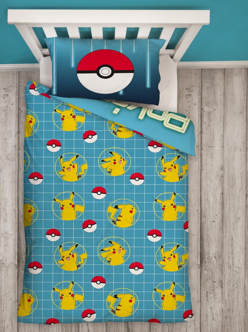 Parure de Lit Enfant Pokémon, Microfibre Oeko-Tex, Imprimée Réversible, Lit 1 place, PIKACHU LASER Bleu - Kiabi