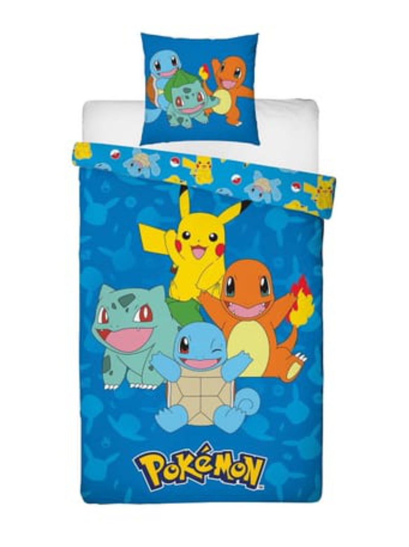 Parure de Lit Enfant Pokémon, Microfibre Oeko-Tex, Imprimée Réversible, Lit 1 place, PIKACHU STARTER Bleu - Kiabi