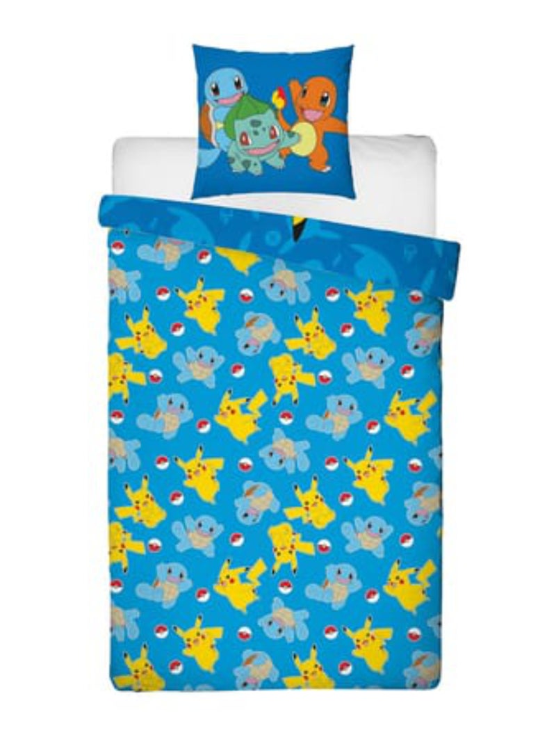Parure de Lit Enfant Pokémon, Microfibre Oeko-Tex, Imprimée Réversible, Lit 1 place, PIKACHU STARTER Bleu - Kiabi