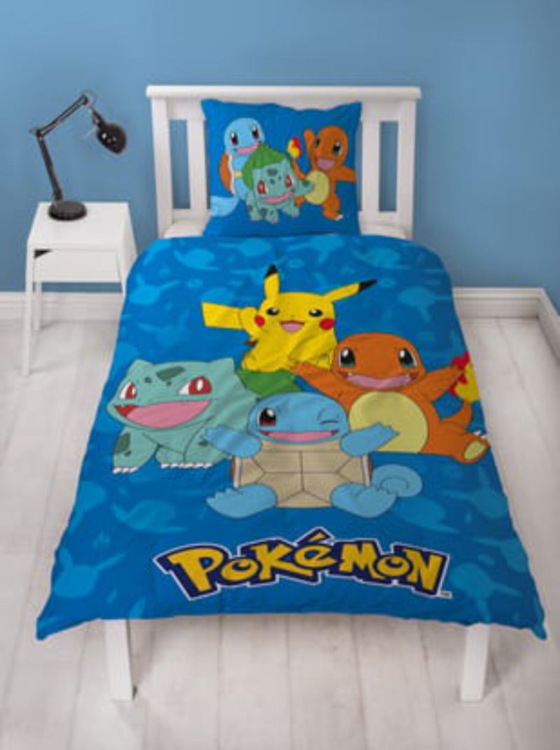 Parure de Lit Enfant Pokémon, Microfibre Oeko-Tex, Imprimée Réversible, Lit 1 place, PIKACHU STARTER Bleu - Kiabi