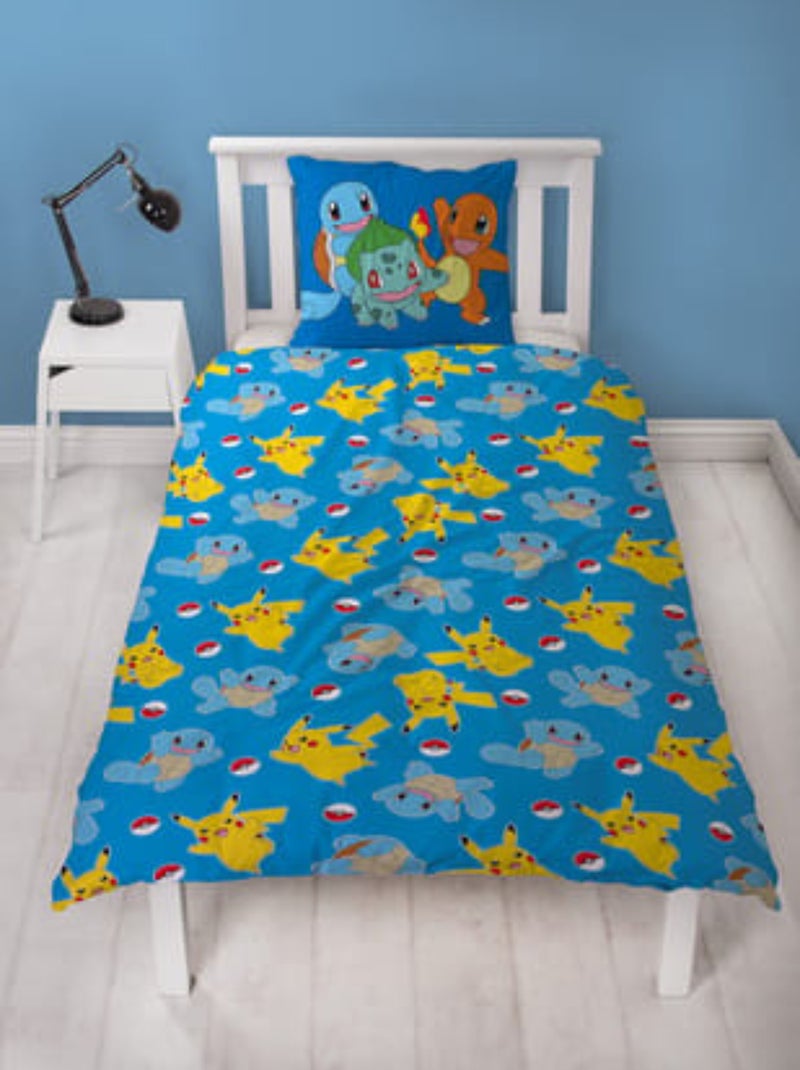 Parure de Lit Enfant Pokémon, Microfibre Oeko-Tex, Imprimée Réversible, Lit 1 place, PIKACHU STARTER Bleu - Kiabi