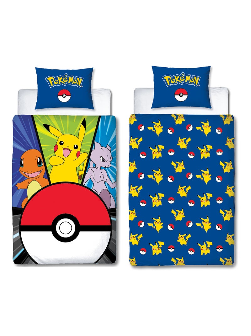 Parure de Lit Enfant Pokémon, Microfibre Oeko-Tex, Imprimée Réversible, Lit 1 place, POKE BALL Bleu - Kiabi
