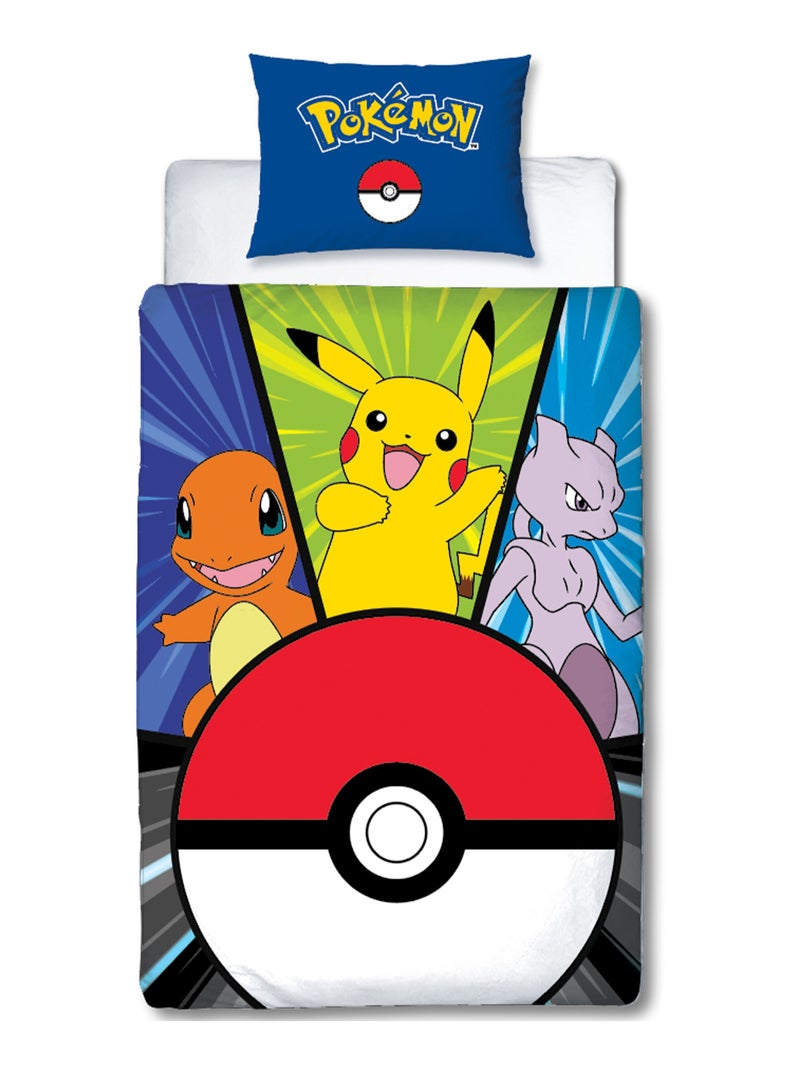 Parure de Lit Enfant Pokémon, Microfibre Oeko-Tex, Imprimée Réversible, Lit 1 place, POKE BALL Bleu - Kiabi
