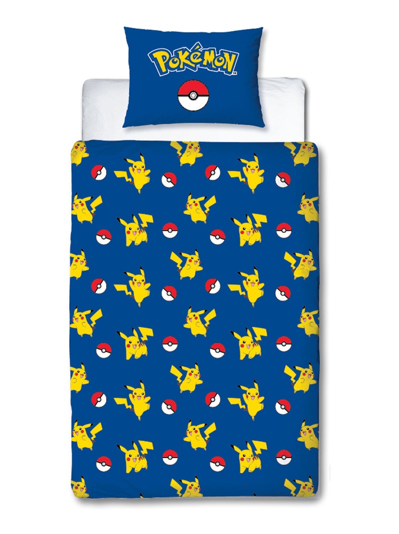 Parure de Lit Enfant Pokémon, Microfibre Oeko-Tex, Imprimée Réversible, Lit 1 place, POKE BALL Bleu - Kiabi