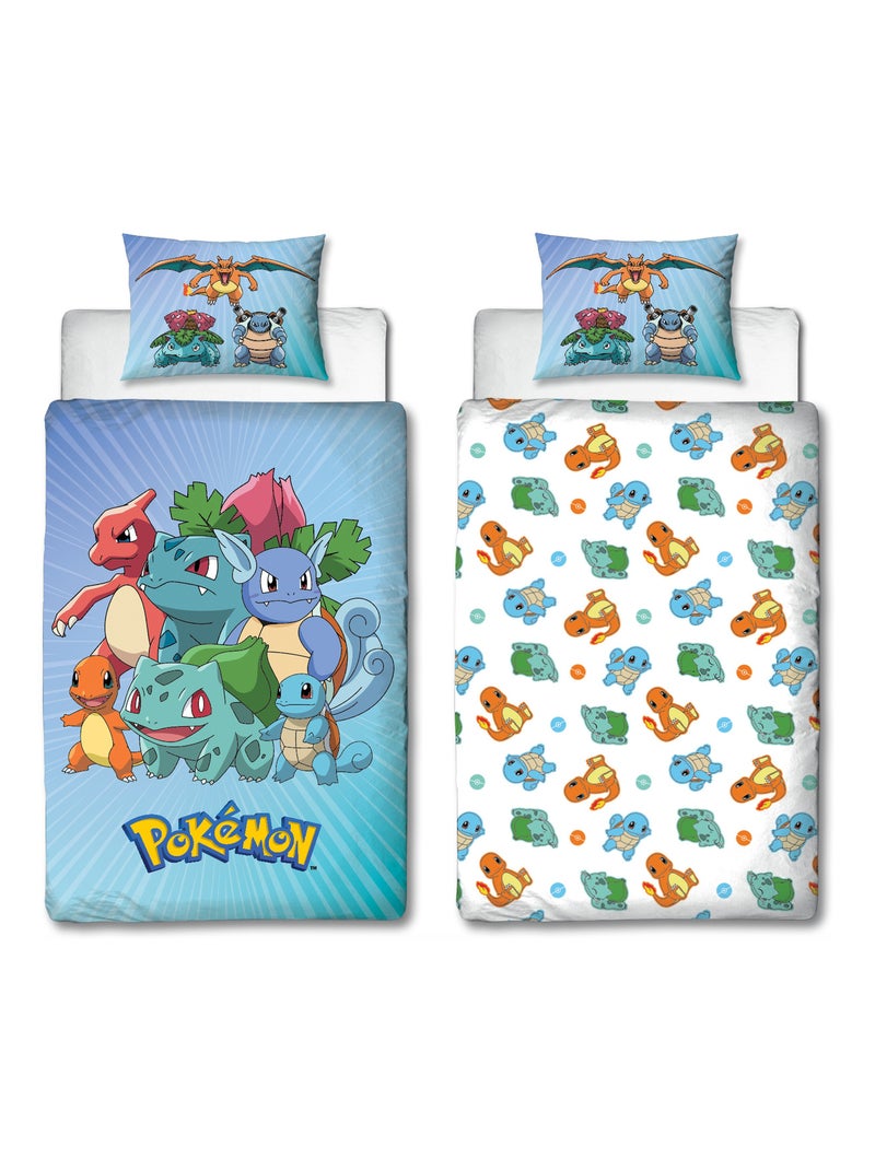 Parure de Lit Enfant Pokémon, Microfibre Oeko-Tex, Imprimée Réversible, Lit 1 place, STARTER Bleu - Kiabi