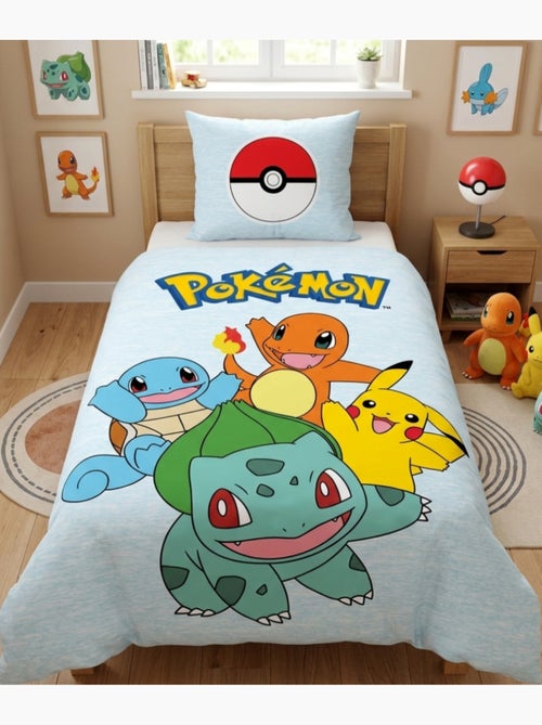 Parure de Lit Enfant Pokémon, Microfibre Oeko-Tex, Imprimée Réversible, Lit 1 place, STARTER TEAM - Kiabi