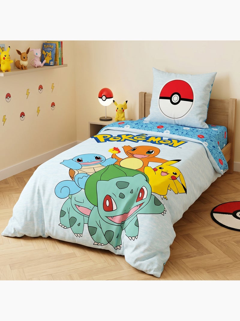 Parure de Lit Enfant Pokémon, Microfibre Oeko-Tex, Imprimée Réversible, Lit 1 place, STARTER TEAM Bleu - Kiabi