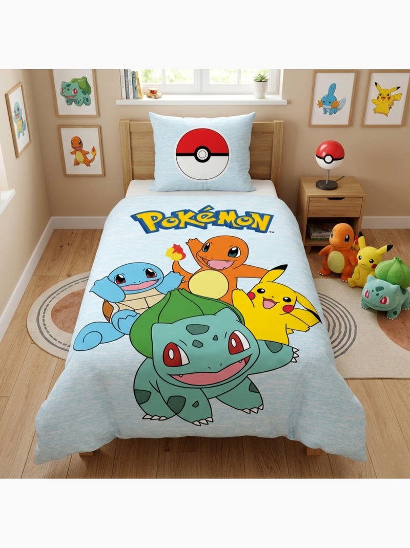 Parure de Lit Enfant Pokémon, Microfibre Oeko-Tex, Imprimée Réversible, Lit 1 place, STARTER TEAM Bleu - Kiabi