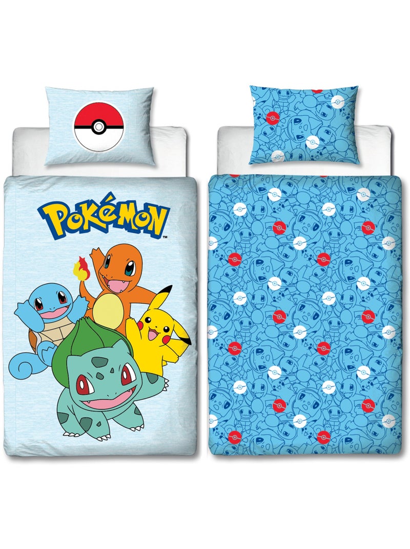 Parure de Lit Enfant Pokémon, Microfibre Oeko-Tex, Imprimée Réversible, Lit 1 place, STARTER TEAM Bleu - Kiabi