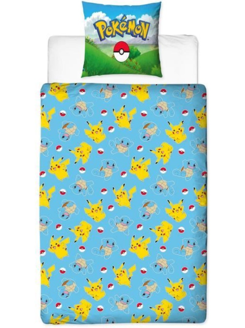 Parure de Lit Enfant Pok?mon, Microfibre Oeko-Tex, Imprim?e R?versible, Lit 1 place, PIKACHU Bleu - Kiabi