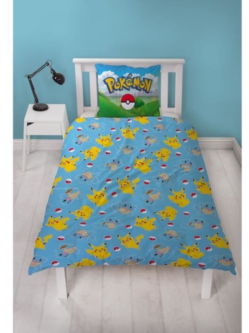 Parure de Lit Enfant Pok?mon, Microfibre Oeko-Tex, Imprim?e R?versible, Lit 1 place, PIKACHU Bleu - Kiabi
