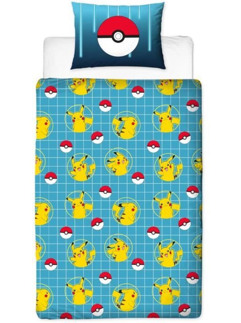 Parure de Lit Enfant Pok?mon, Microfibre Oeko-Tex, Imprim?e R?versible, Lit 1 place, PIKACHU LASER Bleu - Kiabi