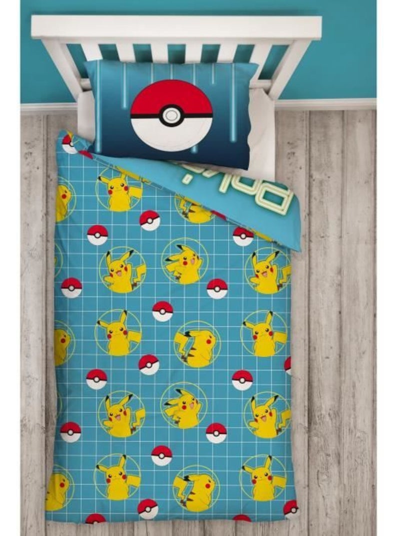 Parure de Lit Enfant Pok?mon, Microfibre Oeko-Tex, Imprim?e R?versible, Lit 1 place, PIKACHU LASER Bleu - Kiabi