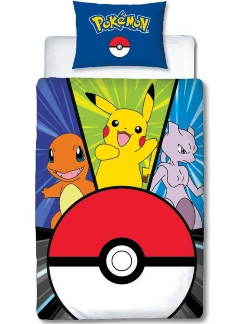 Parure de Lit Enfant Pok?mon, Microfibre Oeko-Tex, Imprim?e R?versible, Lit 1 place, POKE BALL Bleu - Kiabi