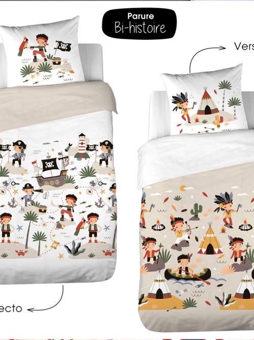 Parure de lit enfant PTIT AIGLE & PTIT PIRATE pur coton bi-histoire - Kiabi