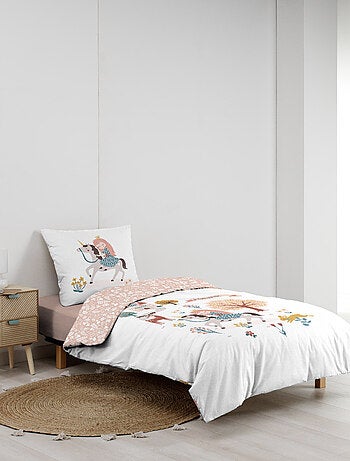 Parure de lit enfant réversible en coton motif princesse et licorne