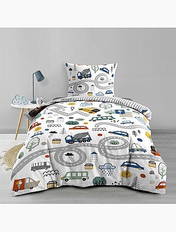 Parure de lit enfant réversible en coton motif véhicules et routes