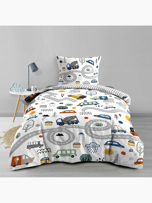 Parure de lit enfant réversible en coton motif véhicules et routes - Kiabi