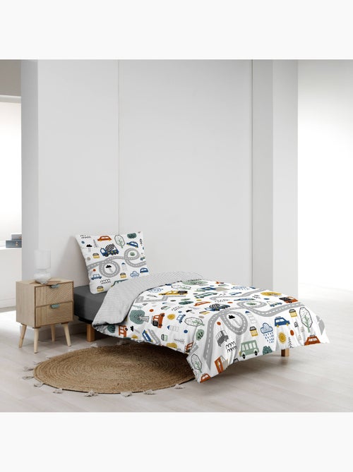 Parure de lit enfant réversible en coton motif véhicules et routes - Kiabi