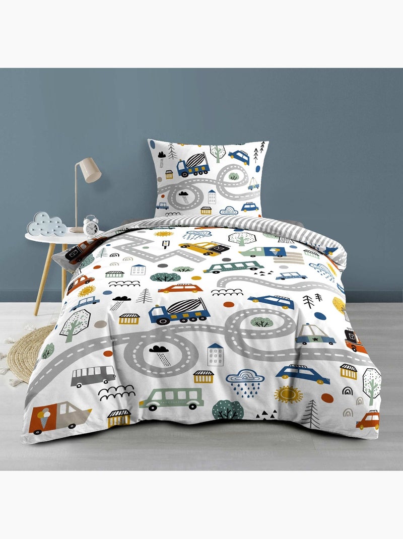 Parure de lit enfant réversible en coton motif véhicules et routes Gris - Kiabi