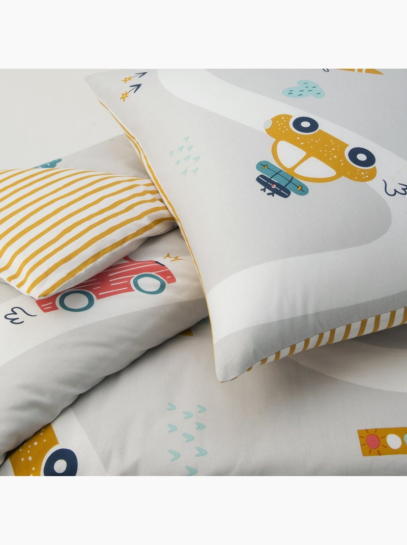 Parure de lit enfant réversible 'Future Home Kids' coton imprimé véhicules Gris Orange clair Bleu - Kiabi