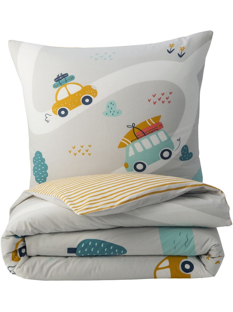 Parure de lit enfant réversible 'Future Home Kids' coton imprimé véhicules Gris Orange clair Bleu - Kiabi