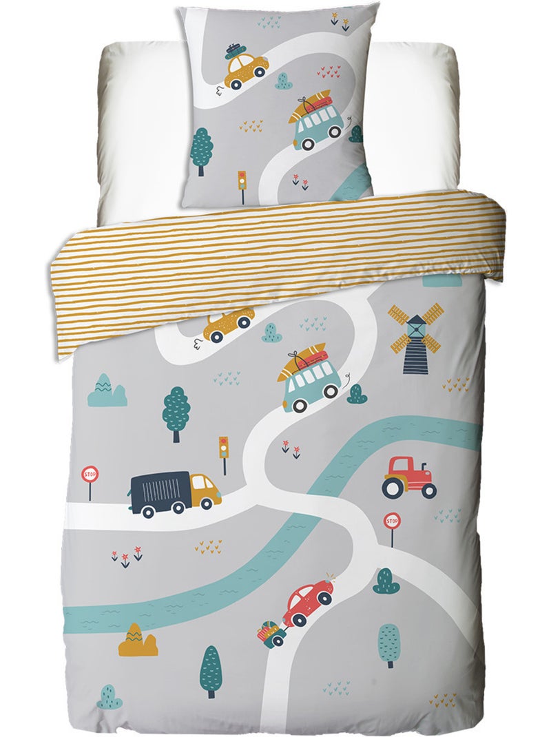 Parure de lit enfant réversible 'Future Home Kids' coton imprimé véhicules Gris Orange clair Bleu - Kiabi
