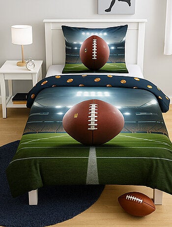 Parure de Lit Enfant Rugby, 100% Coton Oeko-Tex, Imprimée Réversible, Lit 1 Place, BALLON