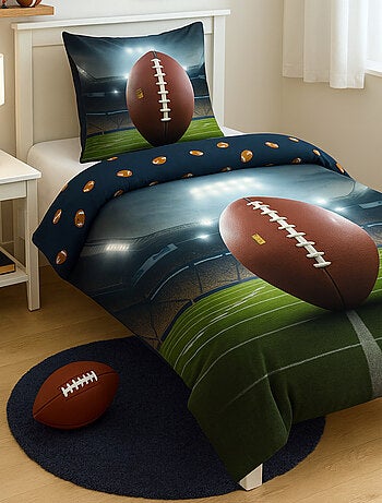 Parure de Lit Enfant Rugby, 100% Coton Oeko-Tex, Imprimée Réversible, Lit 1 Place, BALLON