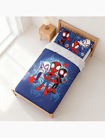 Parure de lit enfant Spider-Man avec Spidey, Ghost-Spider et Spin réversible – 100% coton