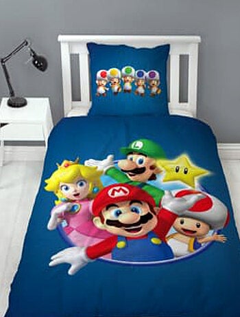 Parure de Lit Enfant Super Mario Imprimée Réversible Lit 1 Place, LUIGI et PRINCESSE PEACH