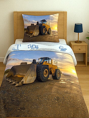 Parure de Lit Enfant Tractopelle, 100% Coton Oeko-Tex, Imprimée Réversible, Lit 1 Place, CHANTIER