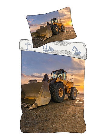 Parure de Lit Enfant Tractopelle, 100% Coton Oeko-Tex, Imprimée Réversible, Lit 1 Place, CHANTIER